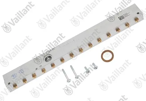 Vaillant Düsenstock aus Metall mit mehreren Anschlussgewinden und entsprechenden Schrauben sowie einem Dichtungsring, geeignet für spezifische Heizsysteme.